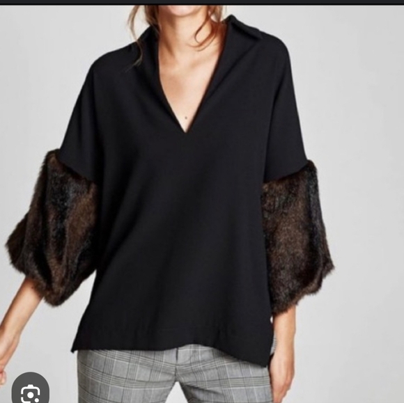 Zara Faux Fur Sleeve Top Size Small - Picture 7 of 7